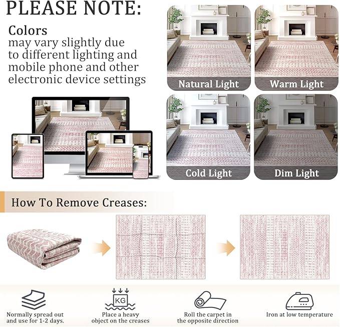 4x6 Machine Washable Area Rug for Living Room, Pink Vintage Moroccan Rug Large Non-Slip Low Pile Soft Faux Wool Carpet, Kids and Pets Friendly for Bedroom Dining Room Farmhouse Home Decor Rug