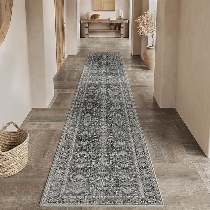 Black Runner Rug 2x10 Vintage Area Carpet Hallway Long Indoor Kitchen Washable Living Room Low Pile Traditional Distressed Retro Accent Throw Rug Non Slip Laundry Bathroom Office Dining Room