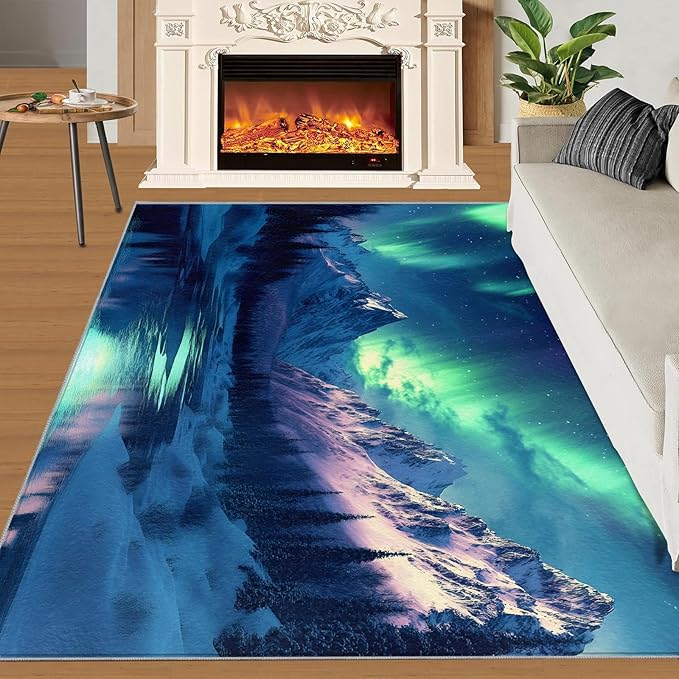 2x3 Snowy Mountains Rugs for Entryway - Aurora Borealis Small Area Rugs, Polar Landscape Laundry Room Carpet Non Slip Accent Throw Rug for Bathroom Kitchen Sink Front Door