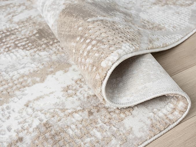 Adel Modern Area Rug for Living Room, 4x6 Rustic Distressed Abstract Beige Neutral Rug, Medium Pile Stain Resistant Carpet for Bedroom, Dining Room or Kitchen (4' x 6', Beige)