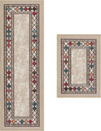 Antep Rugs Alfombras Modern Bordered 2pc Non-Skid (Non-Slip) Low Profile Pile Rubber Backing Indoor Kitchen Runner Rugs (Beige, 2pc Set)