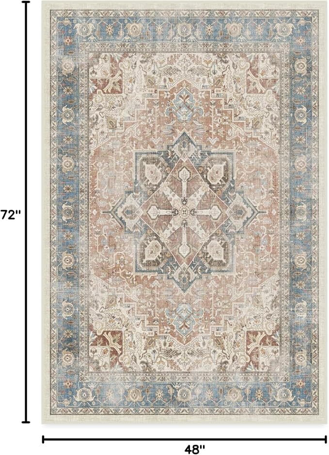 RUGGABLE Washable Vintage Area Rug – Kamran Coral 4x6, Stain-Resistant, Non-Slip – Medium Machine Washable Rugs for Living Room, Bedroom, Hallway, Entryway & Office–with Standard Pad