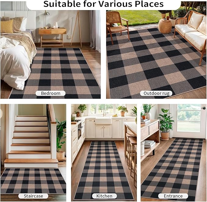 Tangsoo Checkered Easy Jute Rug 5x7 Large Washable Area Rug for Dining Room,Non-Slip Black Grey Indoor Outdoor Rug,Modern Thin Mat Outdoor Carpet for Living Room Bedroom Patio