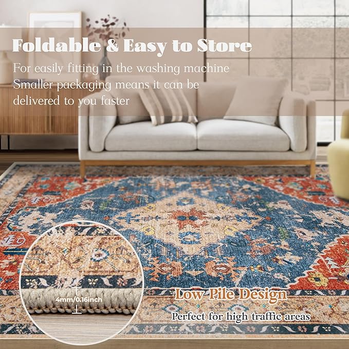 Area Rug 5x7 Washable Rug, Vintage Boho Medallion Rugs Non-Slip Soft Low Pile Large Distressed Rug Indoor Retro Carpet for Living Room Bedroom Dining Room Home Office (Tribal Medallion/Multi, 5'x7')