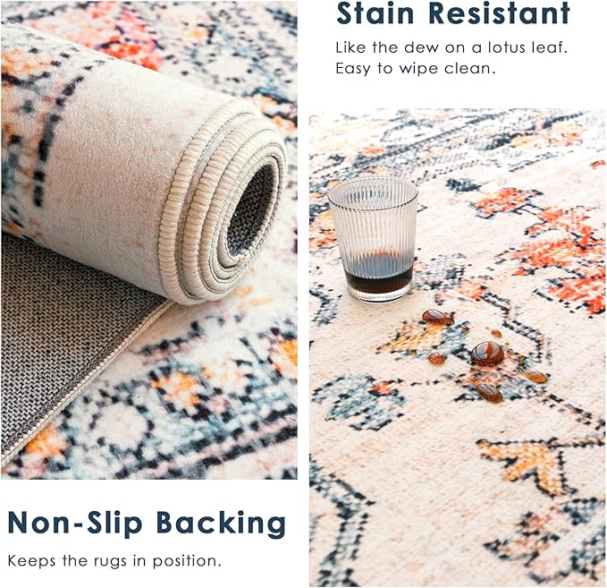 VK VK·LIVING 5x7 Area Rug Washable Rugs for Living Room Rug Vintage Design Boho 5x7 Rug with Non Slip Living Room Rug Bedroom Carpet Stain Resistant, Home Decor, Blue&Orange