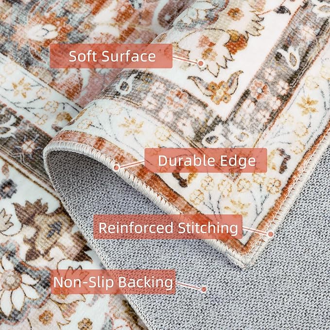 3x8 Runner Rug Non Slip - Kitchen Washable Rug Runner with Non-Shedding, Boho Rugs Cream Runners Rug for Hallways Distressed Carpet Runner Rugs for Bedroom Brick Red