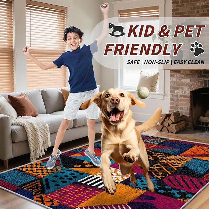 Geometric Area Rugs - Abstract Patchwork Ethic Rug 3x5, Multicolor Retro Aesthetic Washable Lightweight Carpet Room Decor #C016