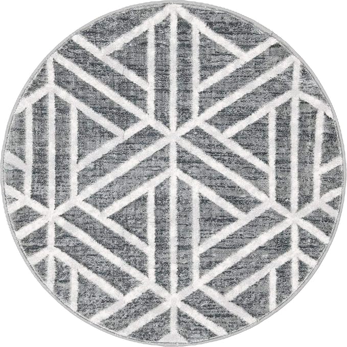 Rugs.com Lattice Trellis Collection Rug – 3 Ft Round Gray Low-Pile Rug Perfect for Kitchens, Dining Rooms