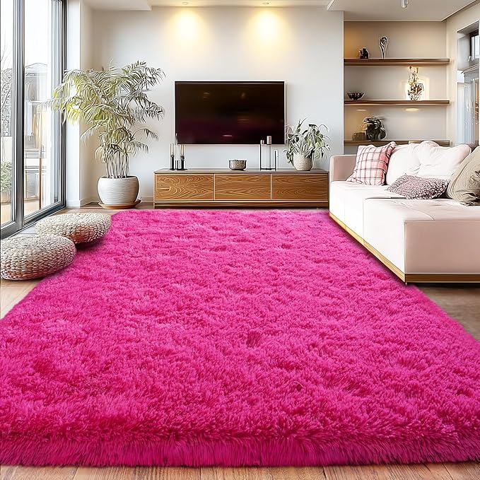 Fluffy Rugs for Living Room, Soft Shaggy for Bedrooms, Hot Pink Area Rug for Bedroom, Cozy Fuzzy Carpet for Kids, Perfect Indoor Decor for Boys and Girls 6x9 Feet
