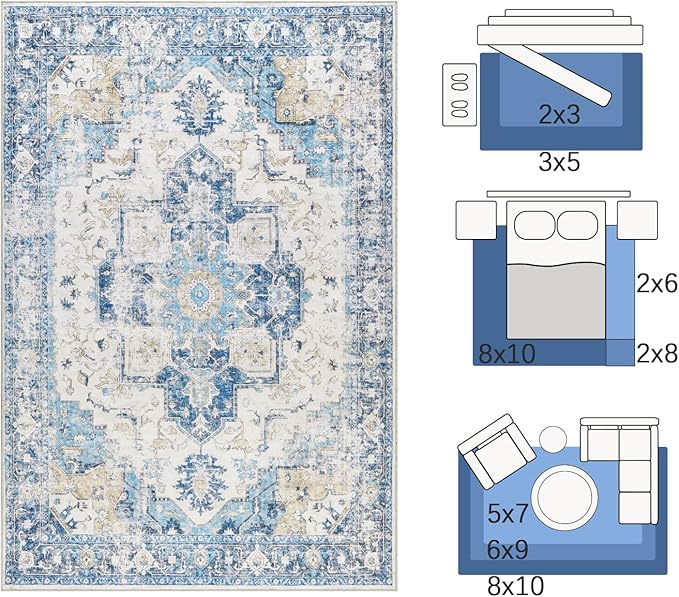 jinchan Kelda Runner Rug 3x8 Washable Rug Soft Hallway Runner Indoor Vintage Print Floor Cover Retro Distressed Lightweight Non-Slip Thin Carpet for Bathroom Kitchen Living Room Bedroom Blue