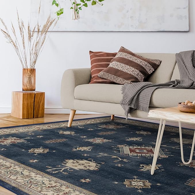 RUGGABLE Washable Vintage Area Rug – Verena Sapphire 10x14, Stain-Resistant, Non-Slip – Large Machine Washable Rugs for Living Room, Bedroom, Hallway, Entryway & Office–with Standard Pad