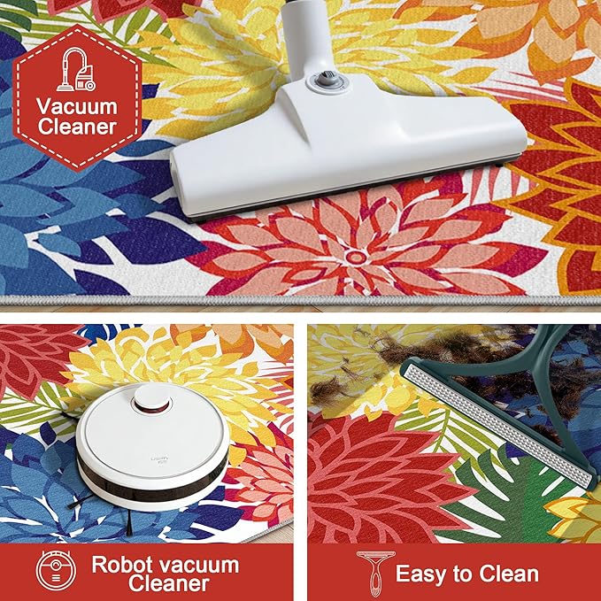 2x3 Colorful Washable Small Rug Tropical Botanical Modern Floral Indoor Chenille Door Mat Carpet Non Slip for Patio, Entry Way, Entrance, Porch, Rainbow