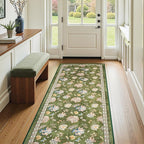 jinchan Elora 3x8 Floral Runner Rug for Hallway Washable Kitchen Runner Vintage Romance Design Non Slip Thin Indoor Floor Cover Low-Profile Throw Carpet for Entryway Bathroom Bedroom Porch, Green