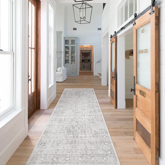 LIVEBOX Washable Runner Rug 2.5x8 - Long Grey Kitchen Rug, Low-Pile Floral Oriental Anti-Skid Carpet Runners for Hallway Bedroom Entryway, Silverygray