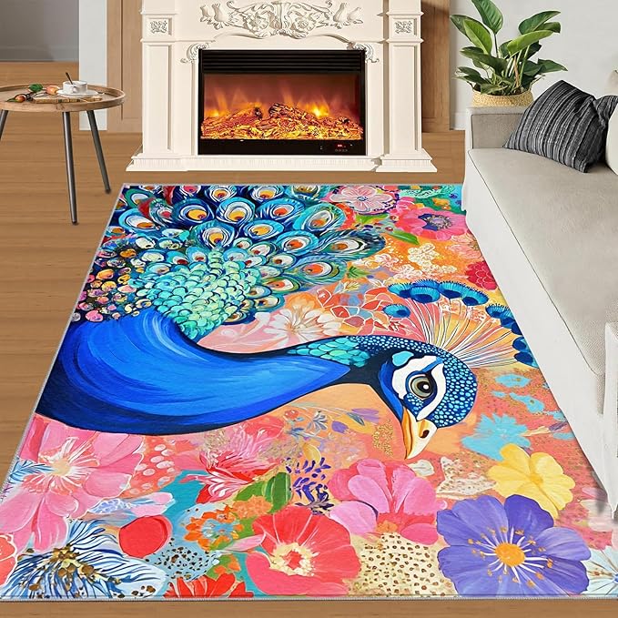 Peacock Area Rug 6x8-6x8 Rug, Boho Floral Rugs for Living Room, Colorful Carpet, Oil Painting Art Washable Area Rugs for Bedroom, Aesthetics Carpet - Peafowl Home Decor & Gifts