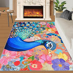 Peacock Area Rug 8x10-8x10 Rug, Boho Floral Rugs for Living Room, Colorful Carpet, Oil Painting Art Washable Area Rugs for Bedroom, Aesthetics Carpet - Peafowl Home Decor & Gifts