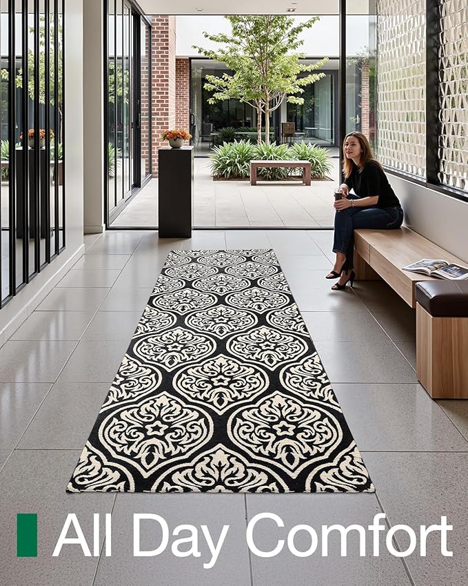 LUMI Washable Low-Pile Runner Rug Non Slip for Hallway, 2.3x8 Soft Carpet Absorbent Waterproof, Modern Black Area Mat Indoor High Traffic for Living Room, Entryway, Laundry