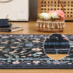 Washable Runner Rug 2.5 x 8 Non-Slip Non-Shedding Soft Vintage Bedside Low Pile Farmhouse Floral Carpet, Indoor Foldable Printed Entryway Rug for Hallway Kitchen, Dark Grey Blue