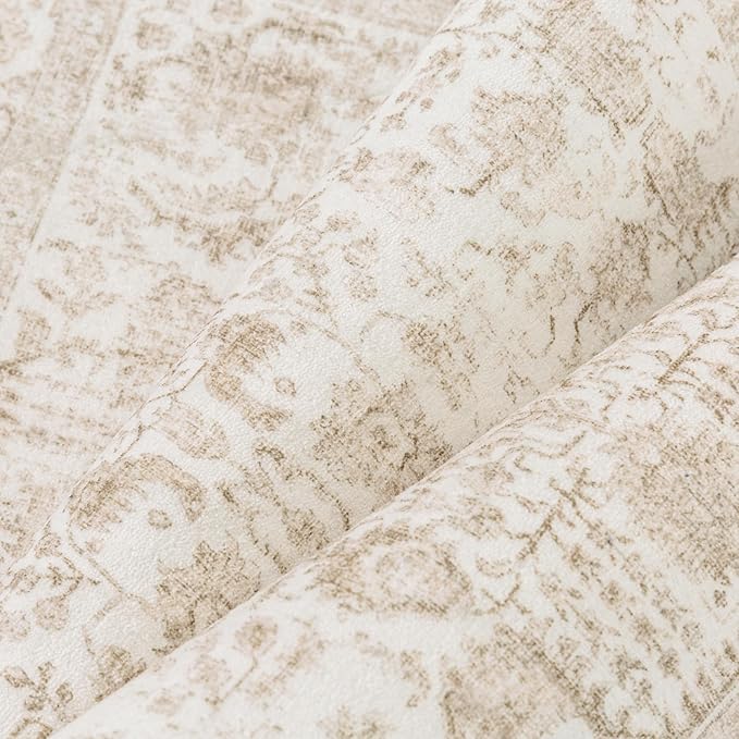 Beige Area Rug 5x8 Machine Washable Vintage Living Room Distressed Non Slip Carpet Traditional Indoor Bedroom Retro Floral Accent Throw Large Rug for Office Kitchen Bathroom Dining Room