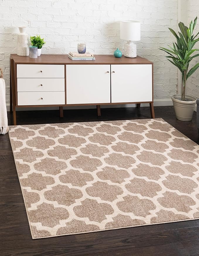 Rugs.com Lattice Collection Rug – 10 Ft Square Light Brown Medium-Pile Rug Perfect for Living Rooms, Kitchens, Entryways