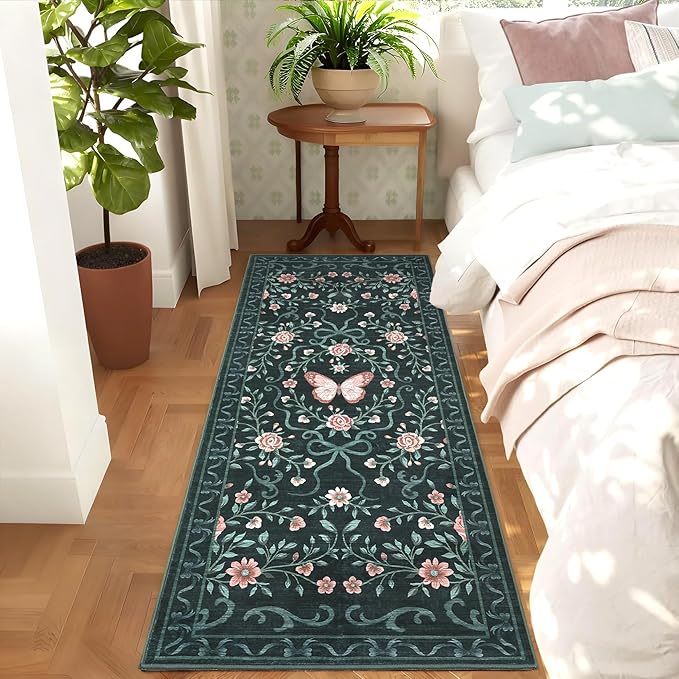 GarveeHome Washable Runner Rug 2x6 Non Slip Hallway Runners Stain Resistant Low Pile Floral Runner Rugs for Kitchen Soft Long Entryway Runner Rugs Black Boho Throw Carpet for Bedroom Nursery, 2x6