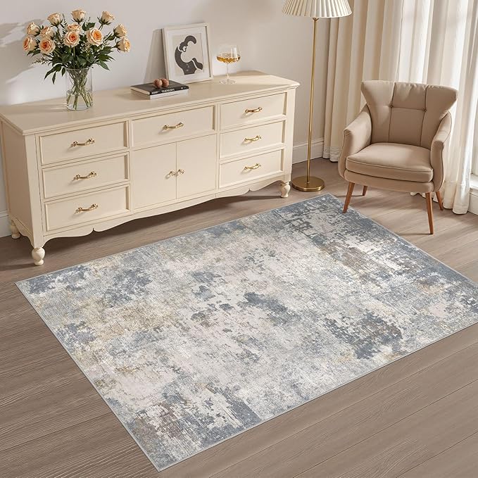 3x5 Area Rug Living Room Rugs - Washable Neutral Modern Abstract Soft Thin Rug Indoor Floor No Slip Rug Carpet for Bedroom Under Dining Table Home Office Decor - Blue Grey