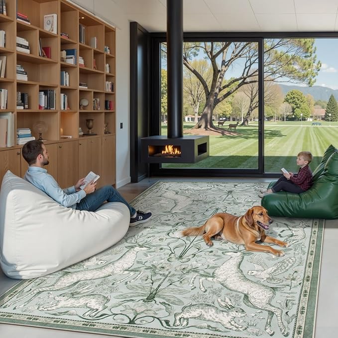 Lahome Boho Animal Washable Rugs for Living Room 8x10, Green Soft Rugs for Bedroom, Botanical Large Boho Non Slip Dining Room Carpet for Under Table Office Kids Playroom (8x10ft,Light Green)