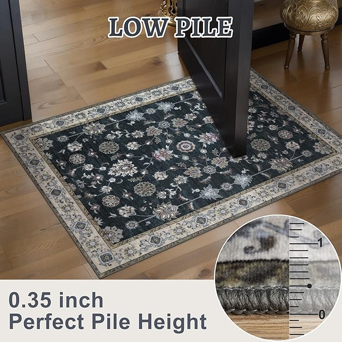 Tangsoo Vintage Floral Black 2x3 Washable Rugs for Entryway, Small Area Non-Slip Vintage Rug for Front Door, Brown Accent Rug Doormat, Soft Low Pile Rugs for Indoor Entrance Kitchen