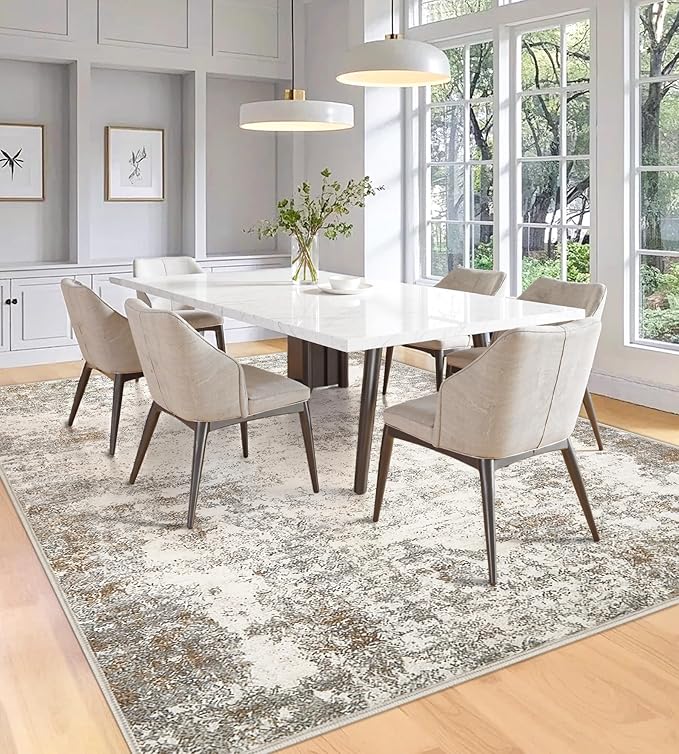 6x9 Washable Area Rugs - Modern Abstract Rugs for Living Room Non-Slip Low Pile Soft Machine Washable Carpet for Bedroom, Dining Room, Nursery, Home Office, Farmhouse (6'x9' Brown Grey)