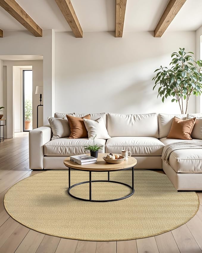 DEXI Round Sisal Rug Natural Fiber 5x5, Braided Woven Area Rugs No Shed, Soft Neutral Rustic Carpet Mat for Indoor Outdoor Patio Dining Living Room Bedroom Farmhouse, 5ft, Natural