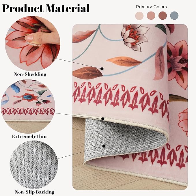 Vintage Medallion Floral Kitchen Runner 2x6, Machine Washable Rug, Soft Low Pile, Non-Slip Carpet for Hallways, Laundry, Bedroom, Bathroom, Entryway | Pink