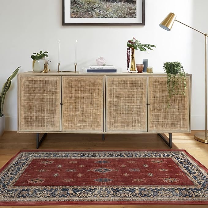 RUGGABLE Washable Vintage Area Rug – Verena Amber Red 4x6, Stain-Resistant, Non-Slip – Medium Machine Washable Rugs for Living Room, Bedroom, Hallway, Entryway & Office–with Cushioned Pad