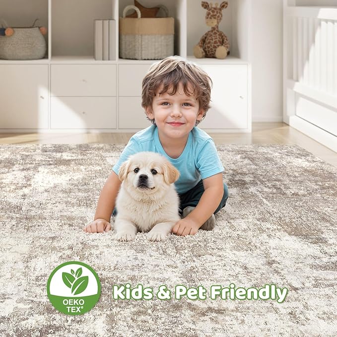 8x10 Area Rugs Living Room: Washable Large Abstract Soft Rug Stain Resistant Indoor Floor Non-Slip Accent Carpet for Women Modern Home Enthusiasts Aged- Bedroom Nursery Playroom- Beige Brown
