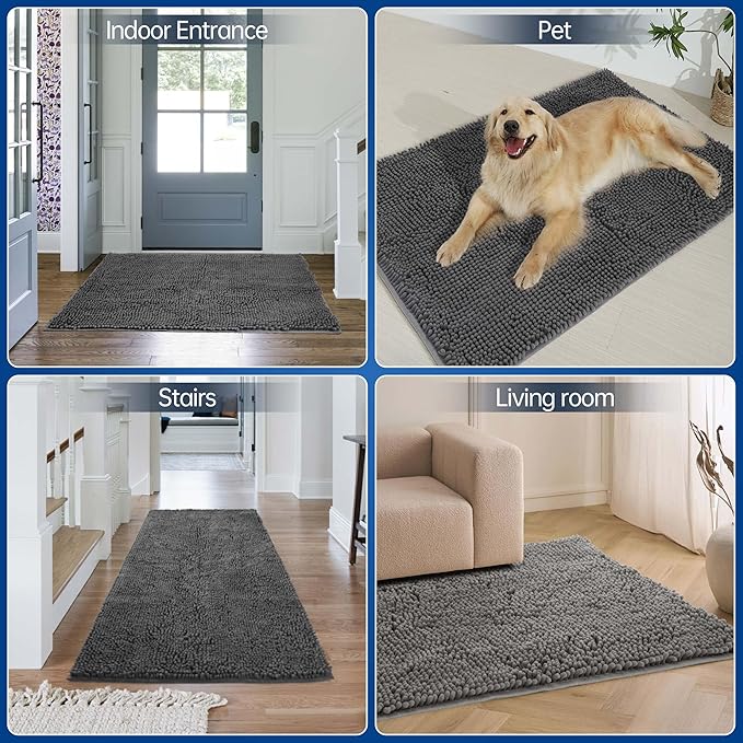 Chenille Absorbent Front Door Mat 60" x 36", Dog Door Mat for Muddy Paws, Trap Dirt Doormat, Mud Mat for Dogs, Washable Non Slip Outdoor Indoor Doormats for Entryway, Grey