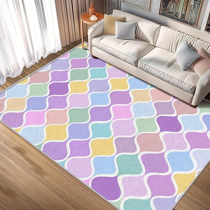 Washable 6x9 Abstract Wave Rug Living Room, Modern Geometric Colorful Design Area Rugs for Bedroom, Abstract Wave Home Decor Carpet, Low Pile, Non Slip, Kids & Pet Friendly (N4172)