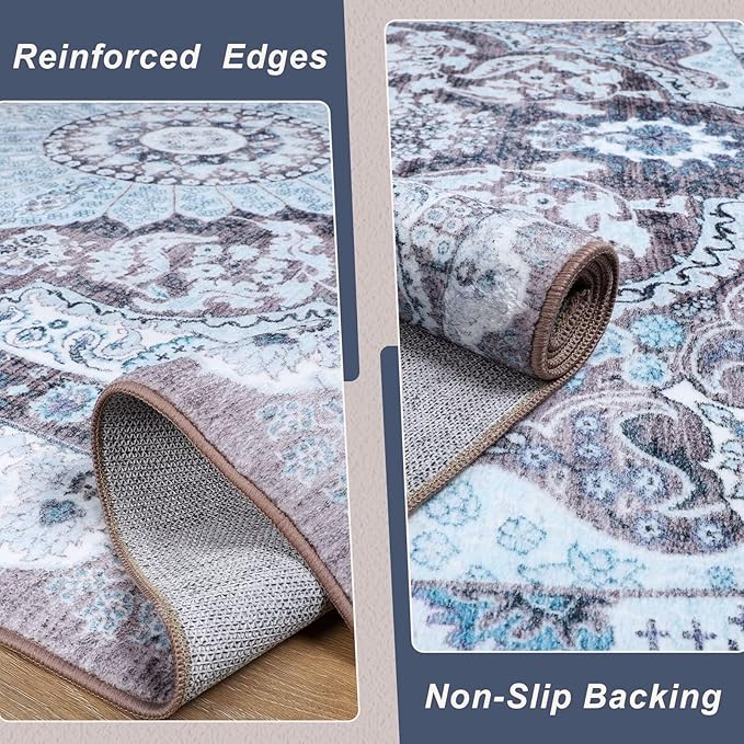 6x9 Area Rug for Bedroom, Machine Washable Rugs with Non-Slip Backing for Living Room, Large Vintage Carpet Kitchen Laundry Kids Room Decor, Blue & Brown