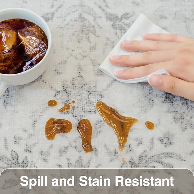 FMFUNCTEX 5x7 Washable Area Rug Grey Neutral Vintage Non Slip Low Pile Traditional Indoor Carpet for Living Room Bedroom Soft Retro Floral Mat Throw Rug for Dining Office Kitchen Dorm Entryway