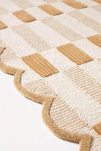 Hand-Tufted Wool Area Rug with Scalloped Edges, Neutral Beige Plaid Pattern, Cozy Soft Accent Rug for Living Room, Bedroom, and Nursery, Handmade Decorative Carpet, 3x5 Ft