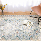 Phantoscope Washable Area Rug 4'x6' Non-Slip, Vintage Neutral Rugs for Living Room, Bedroom, Dining Room, Distressed Boho Geometric Medallion Pattern, Low-Pile Foldable Floor Carpet, Dusty Blue/Multi