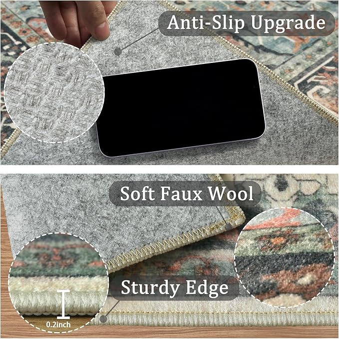 2x3 Machine Washable Area Rug for Entryway, Blue Beige Boho Vintage Floral Rug Non-Slip Low Pile Soft Faux Wool Small Carpet, Kids and Pets Friendly for Bedroom Kitchen Hallway Bedside Home Decor Rug