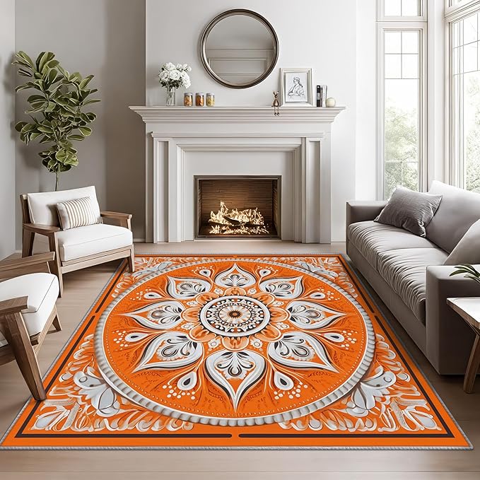 Mandala Rugs 5x7-5x7 Area Rugs, Orange Mandala Rug, Vintage Meditation Rug for Living Room, Hippie Spiritual Washable Bedroom Carpet, Boho Vintage Floral Home Decor & Gifts
