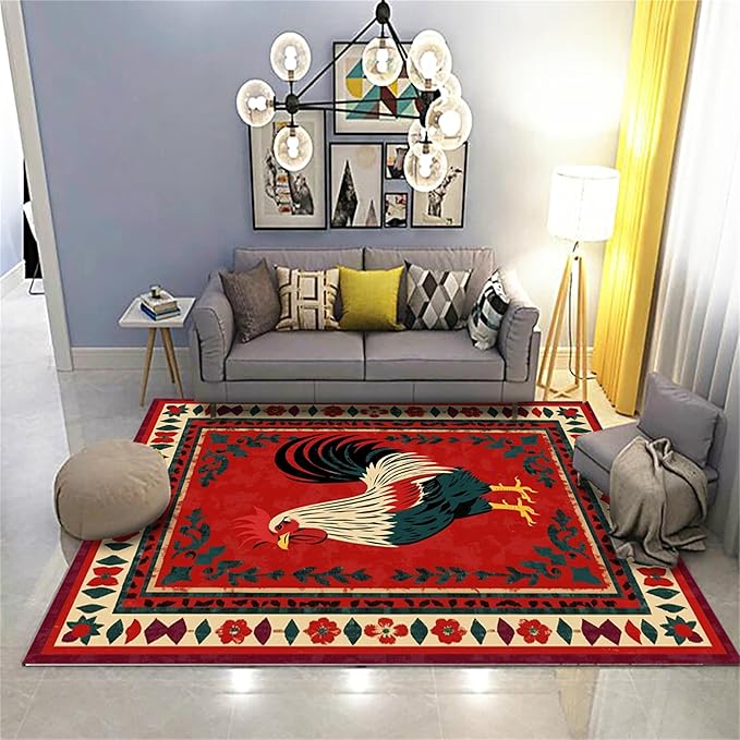 Vintage Rooster Area Rug,4x6ft,Beautiful Floral Border Country Style Rooster Rug，Colorful Retro Home Decoration Rugs，Washable Carpet for Living Room Bedroom Kitchen Farmhouse Office