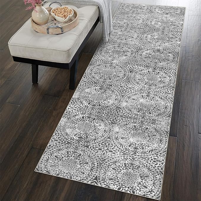 vivorug Runner Rug 2'x8' Machine Washable Non-Slip Runners for Hallways Kitchen Entryway Laundry Room Vintage Medallion Carpet Hallway Runner Grey