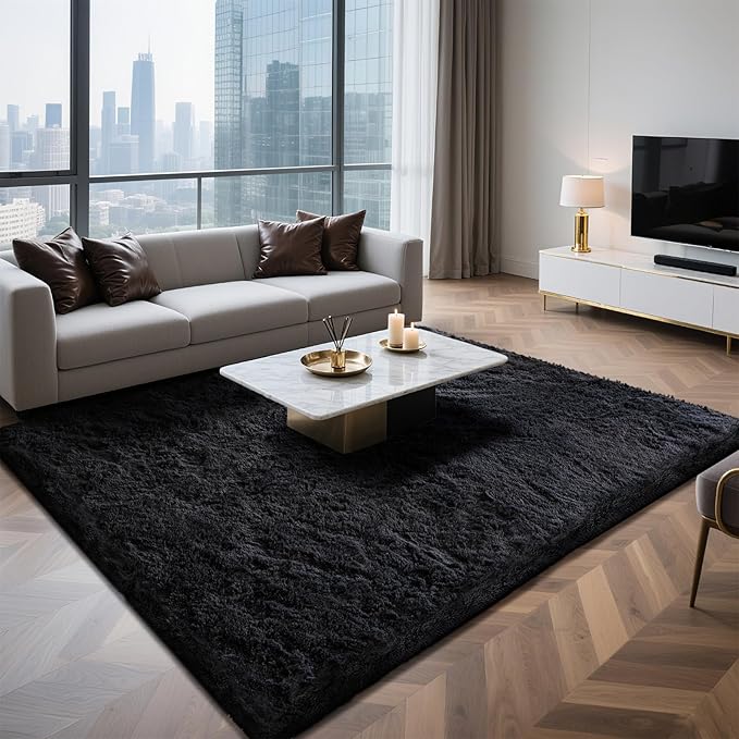 6x9 Area Rugs for Living Room Bedroom, Soft Fluffy Shaggy Bedside Rug, Indoor Floor Carpet for Kids Playroom, Dorms, Nursery Rooms, Home Decor (Black 6'x9')