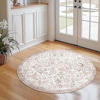 jinchan Kalen Round Rug 4ft Area Rug Washable Vintage Indoor Retro Accent Entryway Floor Cover Distressed Floral 4' Round Circle Boho Non Slip Thin Carpet for Bedroom Living Room Dining Room Red