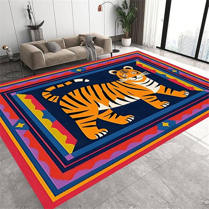 Cartoon Tiger Area Rug, 5x7ft,Tiger Theme Decorative Rug Suitable for Living Room Sofa Area, Modern Abstract Non-Slip Washable Tiger Pattern Rug Suitable for Bedroom Children's Room Decoration