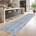 Runner Rug 2.6x14, Light Blue White Washable Long Hallway Rug Runner Non-Slip Soft Kitchen Runner Thin Printed Faux Wool Super Soft Carpet for Entryway Bedroom Laundry Room Indoor Home Decor