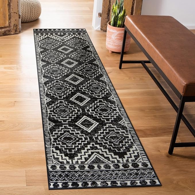 Rugshop Southwestern Black and White Tribal Area Rug – Geometric Diamond Pattern Carpet for Living Room, Bedroom, or Entryway – Boho Rustic Soft Floor Decor 2' 3" x 8' Runner Black