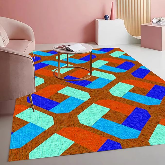 Bright Vibrant Geometric Living Room Area Rug with Burgundy and Blue Colorful Texture Machine Washable Non Slip Soft Carpet for Nursery Room Bedroom Dining Room Home Office Indoor 7x10 Rugs