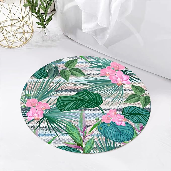 Indoor Outdoor Round Rug 3ft - Blue White Tropical Botanical Pattern, Non-Slip Patio Carpet, Easy-Clean Non-Shedding Rug for Living Room, Kitchen, Garden, Indoor Shower Mat